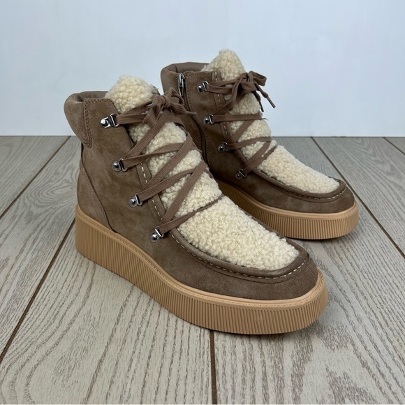 Dolce Vita Women's Jasmin Lace-Up Platform Sherpa Booties 11 Truffle Suede $150 - Picture 1 of 11